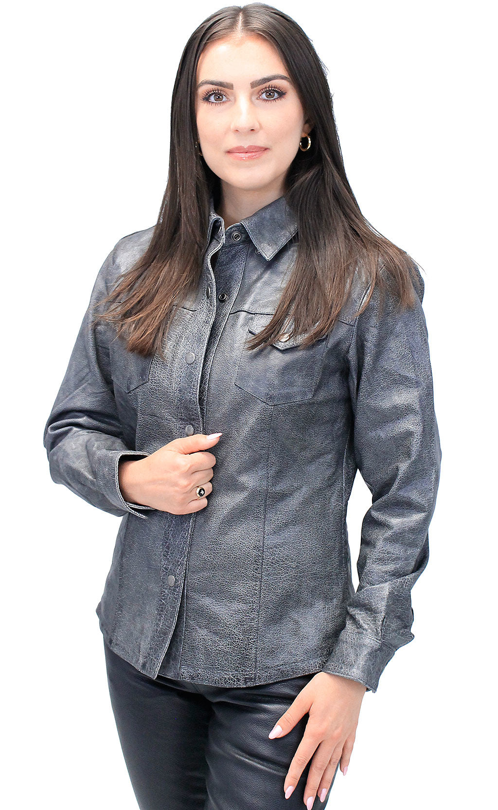 Women's Vintage Gray Leather Shirt #LS8623GY (M-2X)