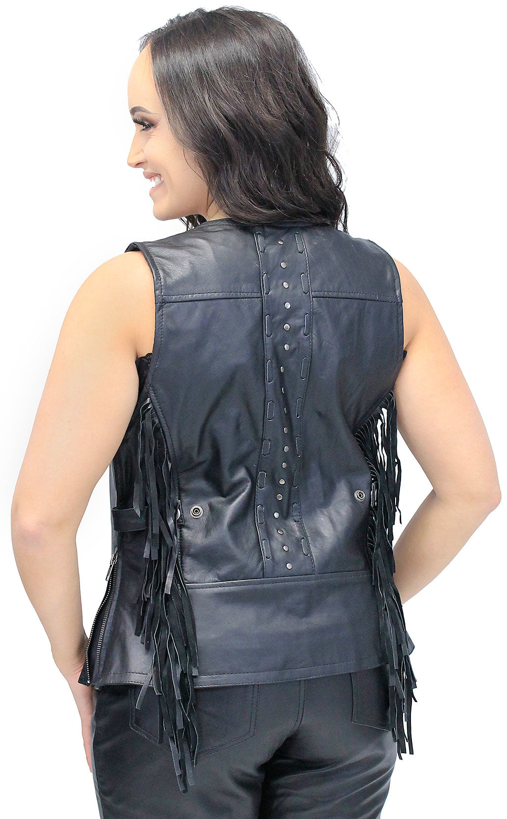 Women's Fringe Leather Long Vest with Concealed Pocket #VL1104RFK