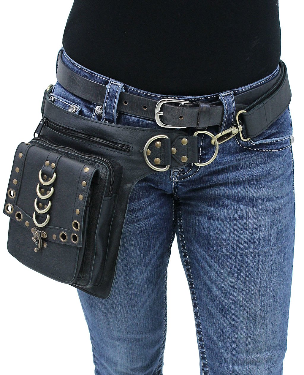 (d) Black Heavy Leather Multi-D-Ring Thigh Bag Waistbag #TB70150DK