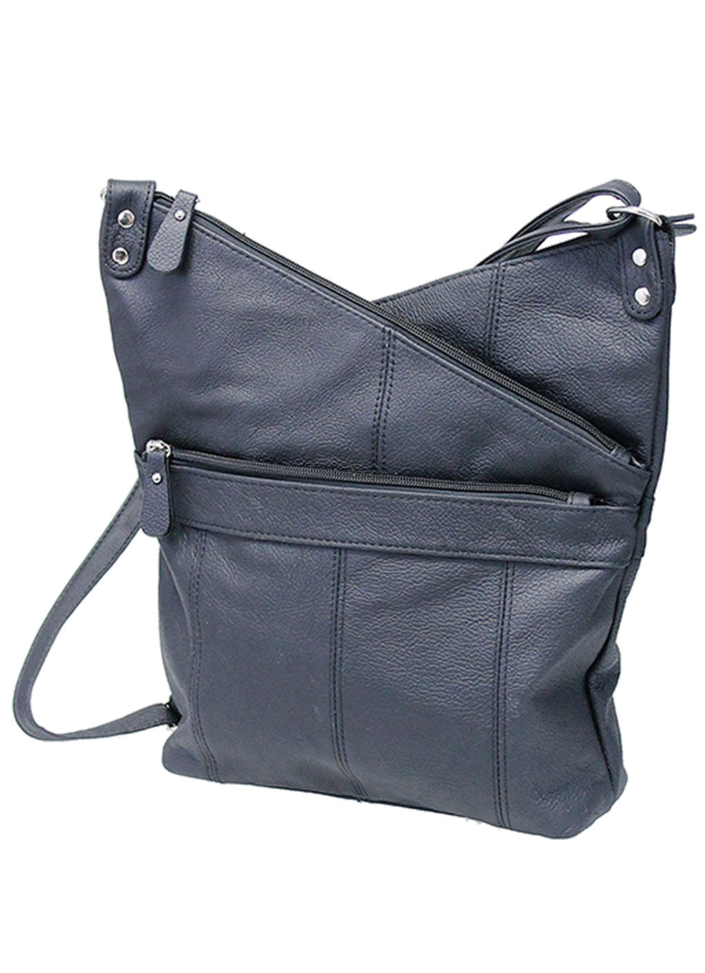 Slanted Top Large Leather Cross Body Black Purse #P0010K