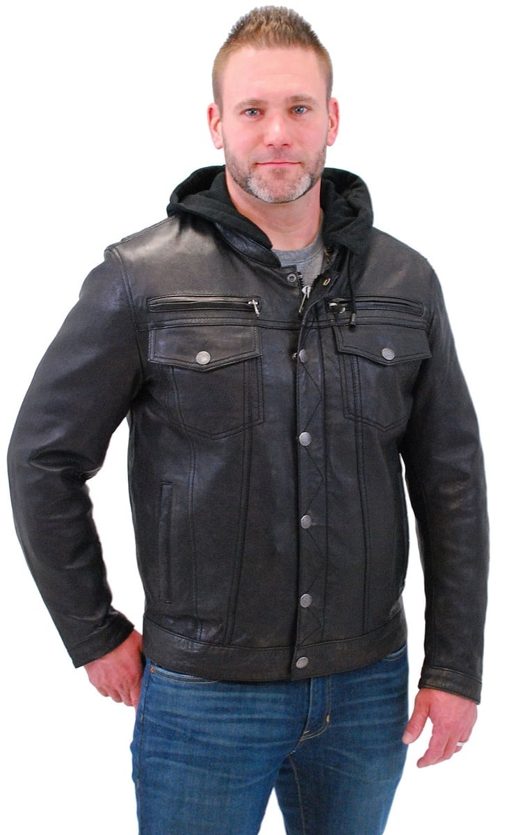 Men's Vintage Black Hooded Leather Jean Jacket w/Vents Men's Vintage Black Hooded Leather Jean Jacket w/Vents