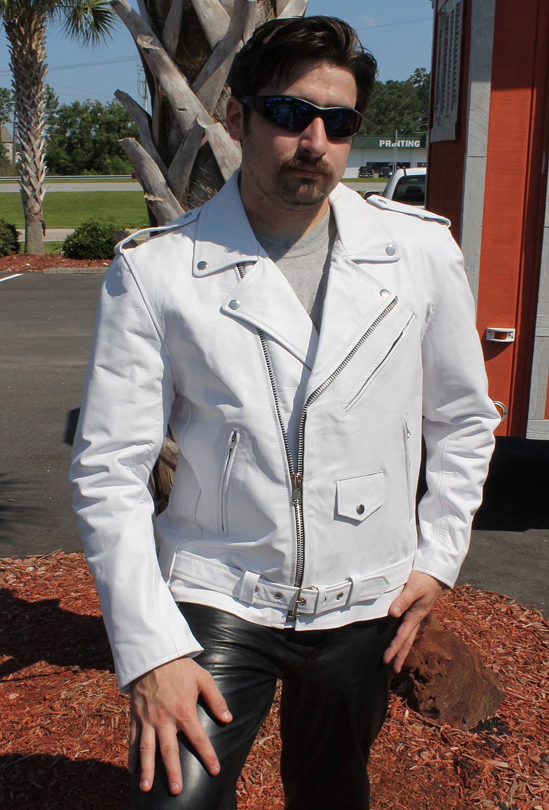 Men's White Leather Motorcycle Jacket w/Concealed Pocket #M111GW