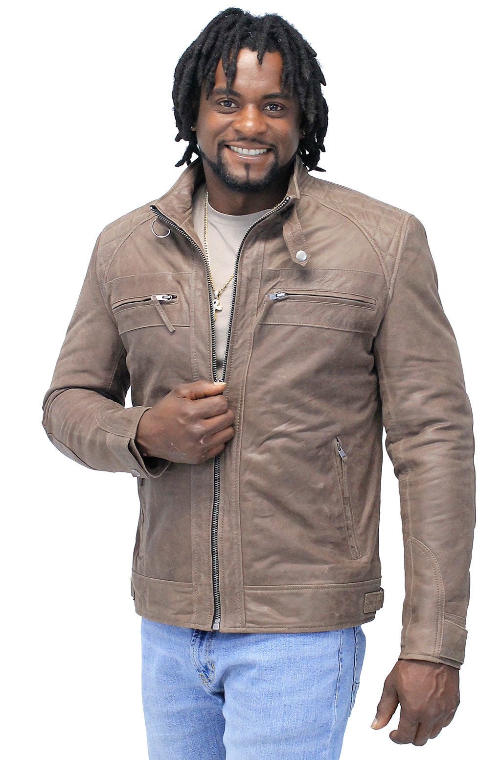 Men's Brown Lambskin Leather Jacket with Quilting #MA5501QN