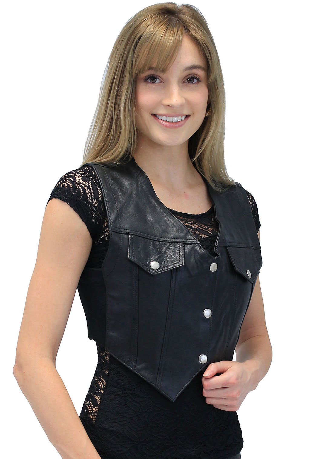 Snap-Up Jean Style Black Leather Crop Vest #VL1110CK (L-2X)