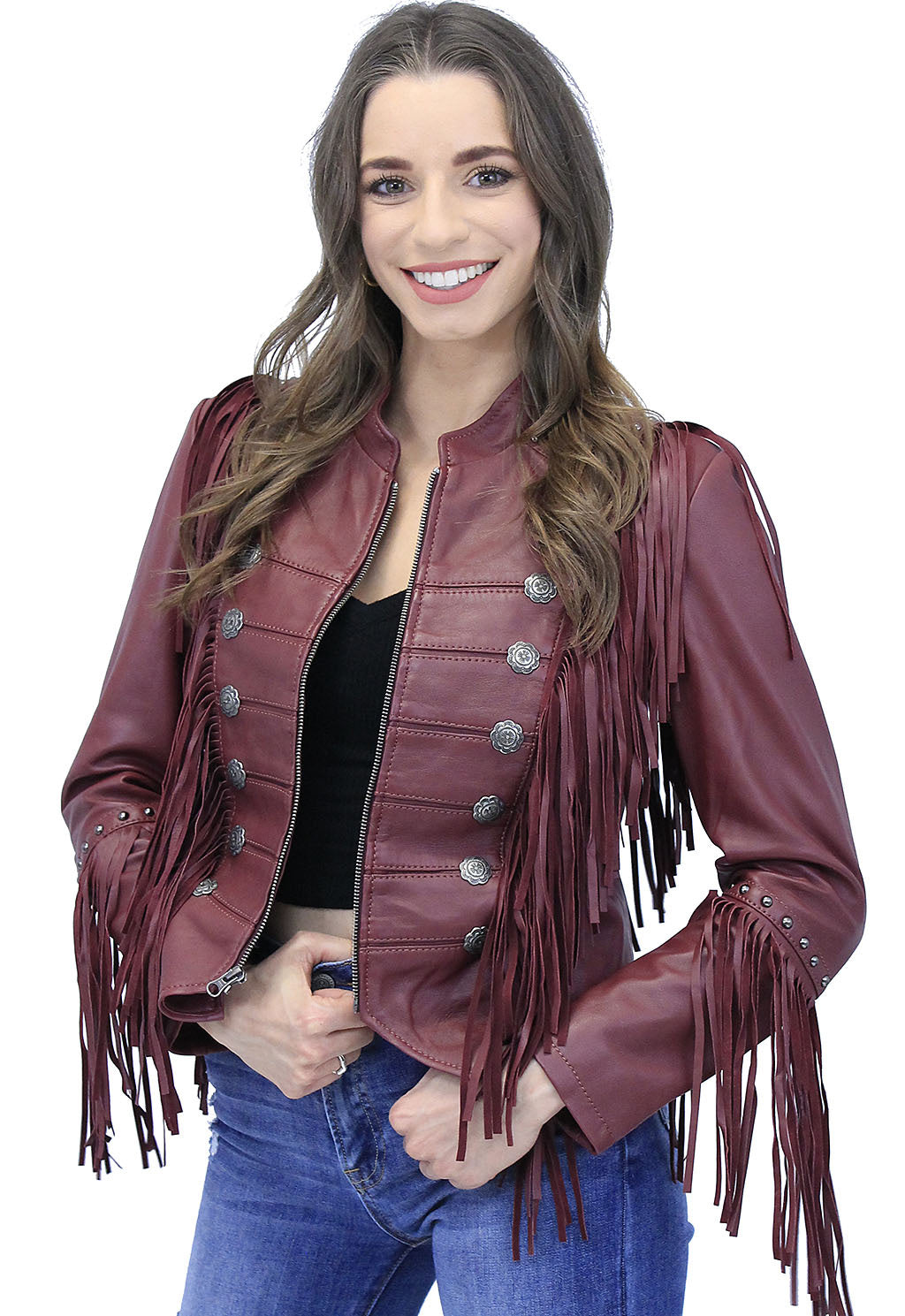 Burgundy Red Leather Fringed Band Leader Jacket #L98426SFR