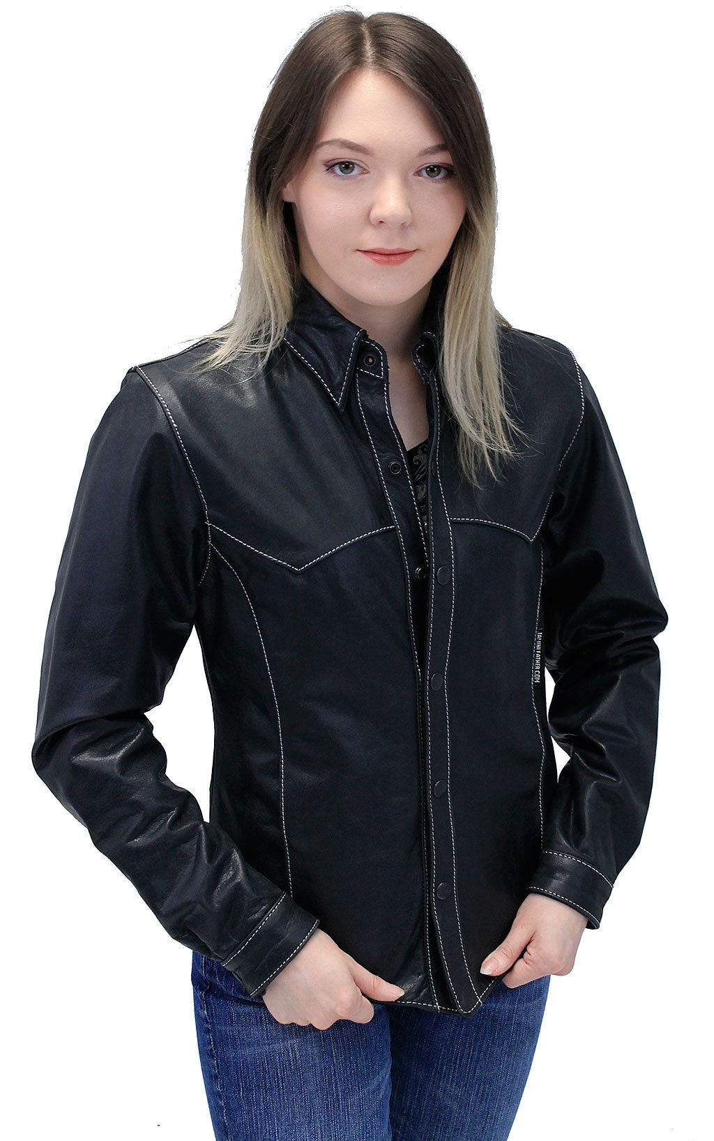 Women's Lightweight Ultra Premium Leather Shirt w/White Stitching #LS431GWK (S-M)