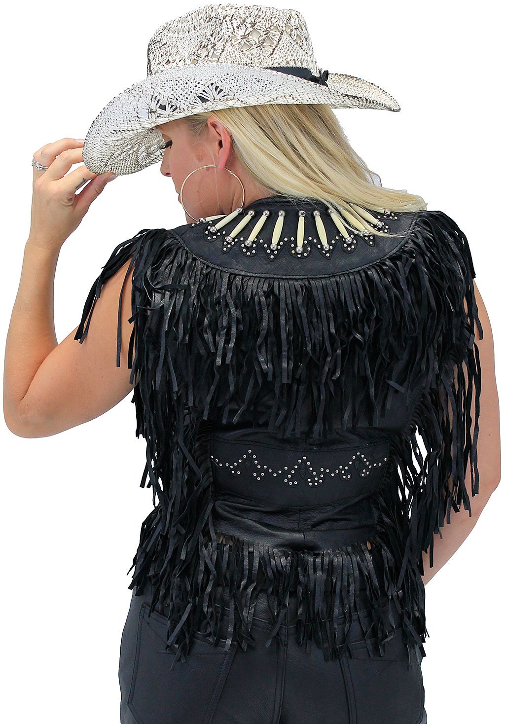 Genuine Bone Studded Fringe Leather Vest #VL4253FBSK (XS-L)