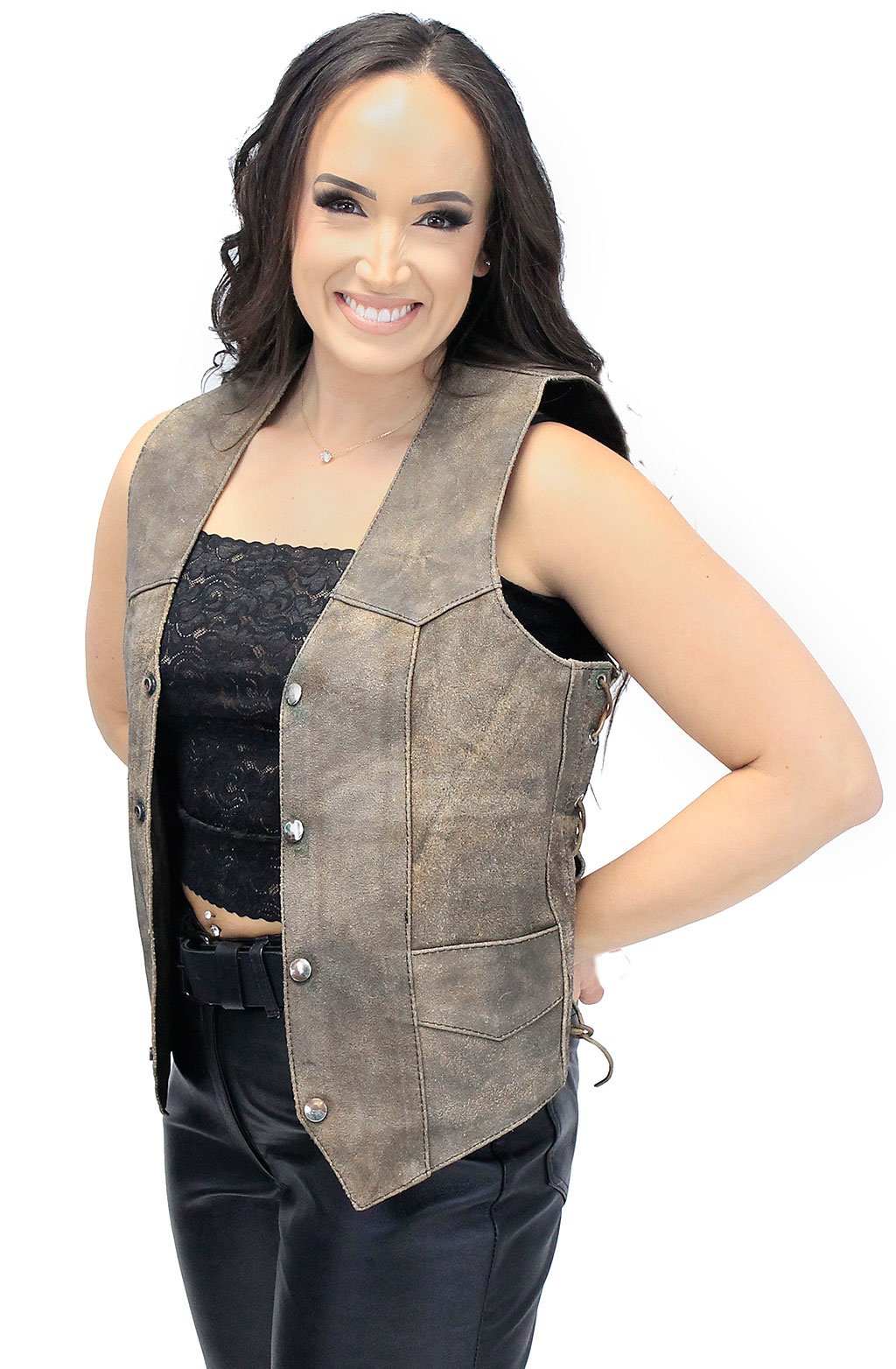 Women's Rustic Brown Leather Side Lace Vest Special #VL618LDN Z (M-XL)