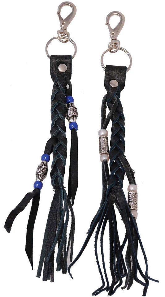 Black Leather Braid & Bead Key Chain #AKC9038K