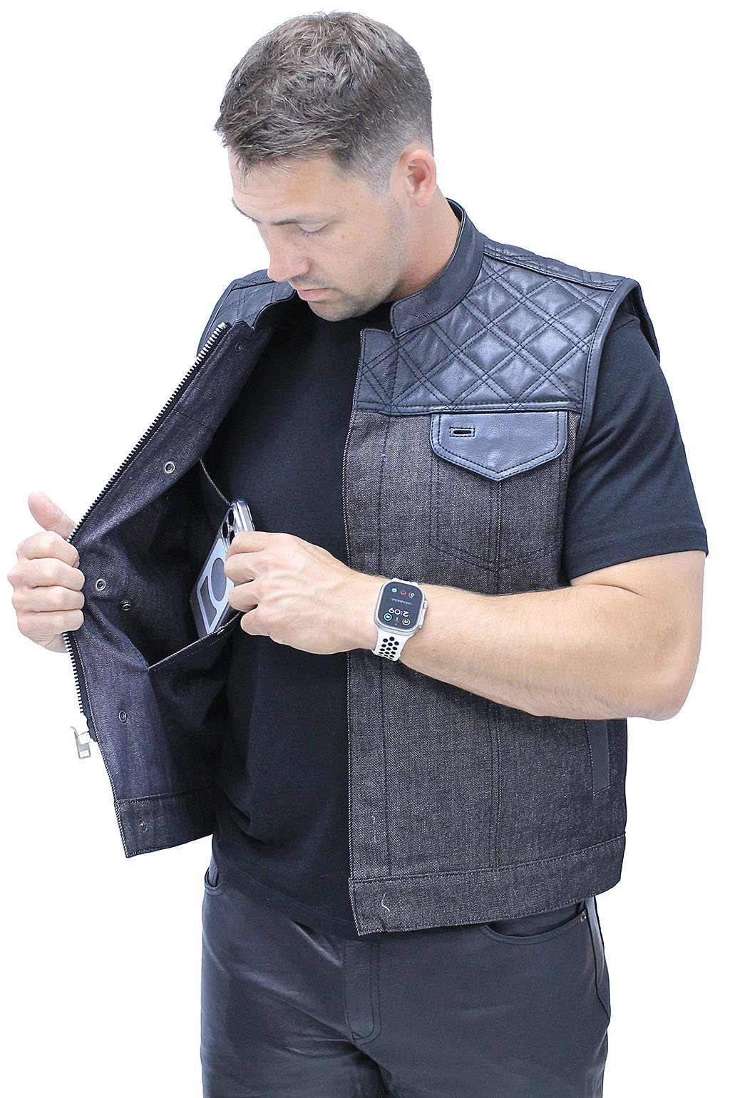 Black Denim Leather Quilt Concealed Pockets Club Vest #VM6676DGQK