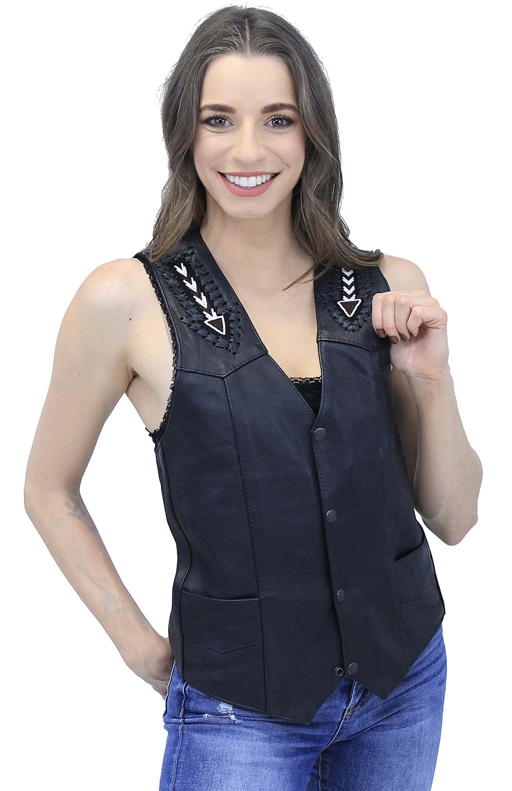 Hand Lace and Indian Bead Inlay Leather Vest #VM641BDK (36-46)