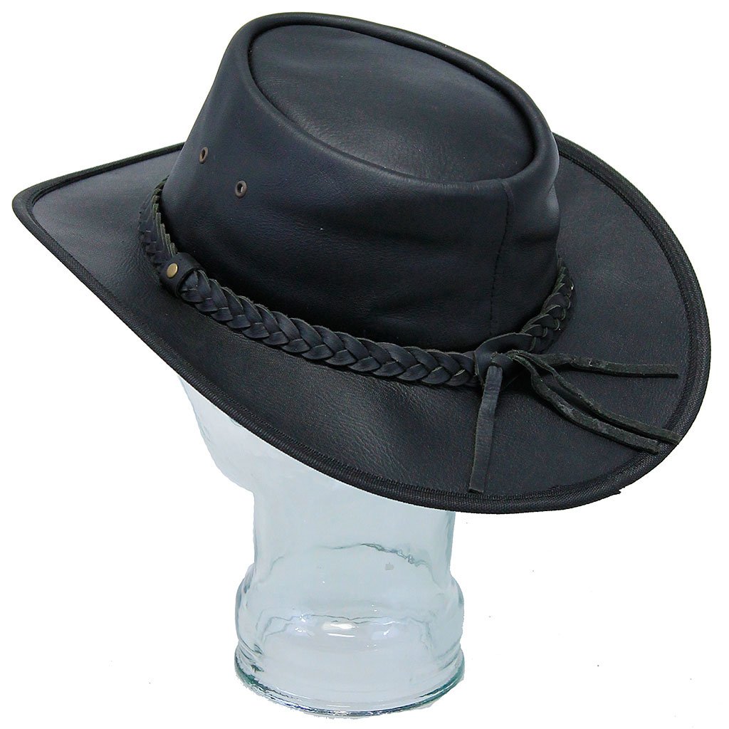 Black Crushable leather Outback Hat #H92310K