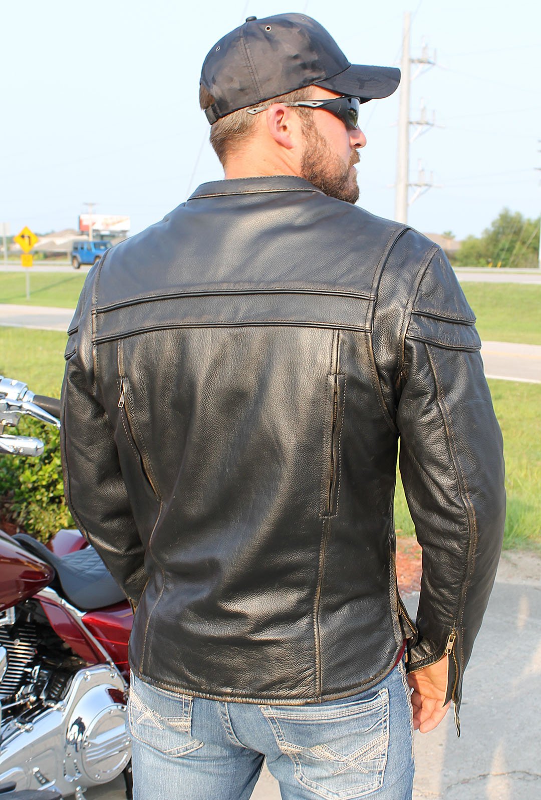 Dark Vintage Brown Leather Vented Motorcycle Jacket w/Concealed Pockets #MA6037VZN