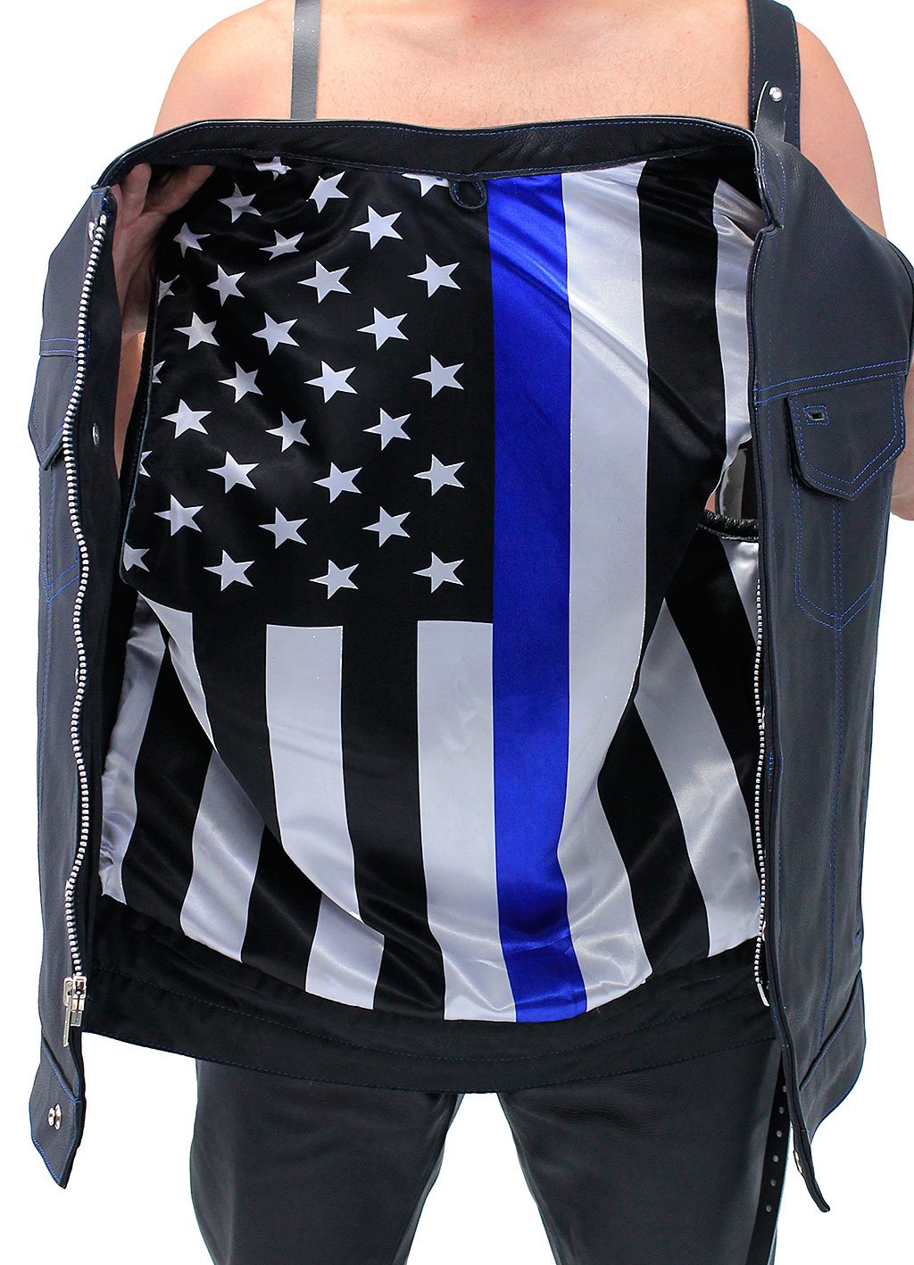 Thin Blue Line Flag Lining Concealed Pocket Leather Club Vest #VM66705GU