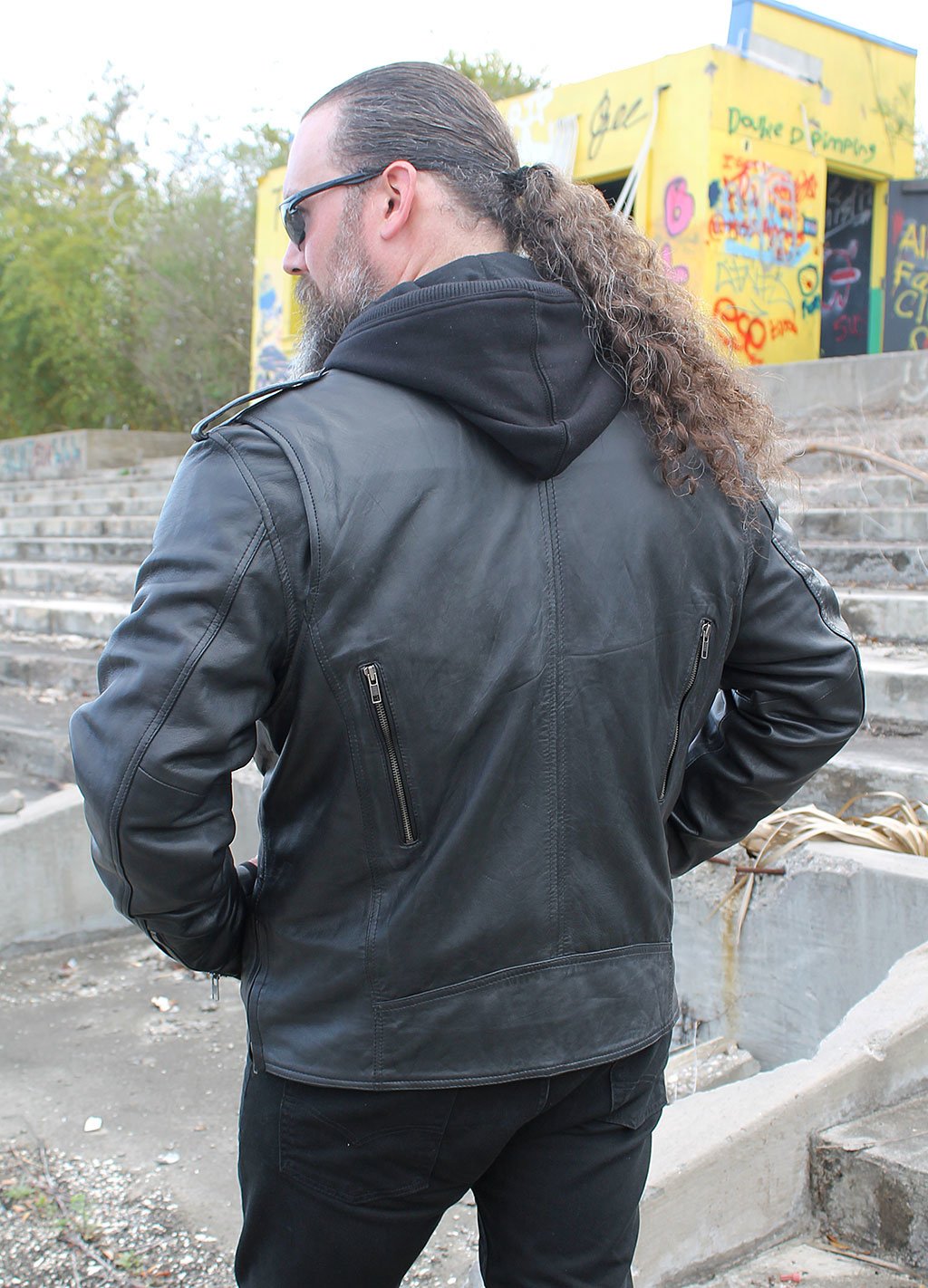 Men's Soft Black Leather Motorcycle Jacket w/Hoodie #M6925VHGK