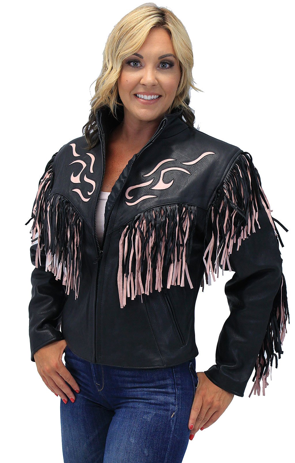 Women's Pink Fringed Genuine Leather Jacket with Inlays #L284FTP (XS-M)