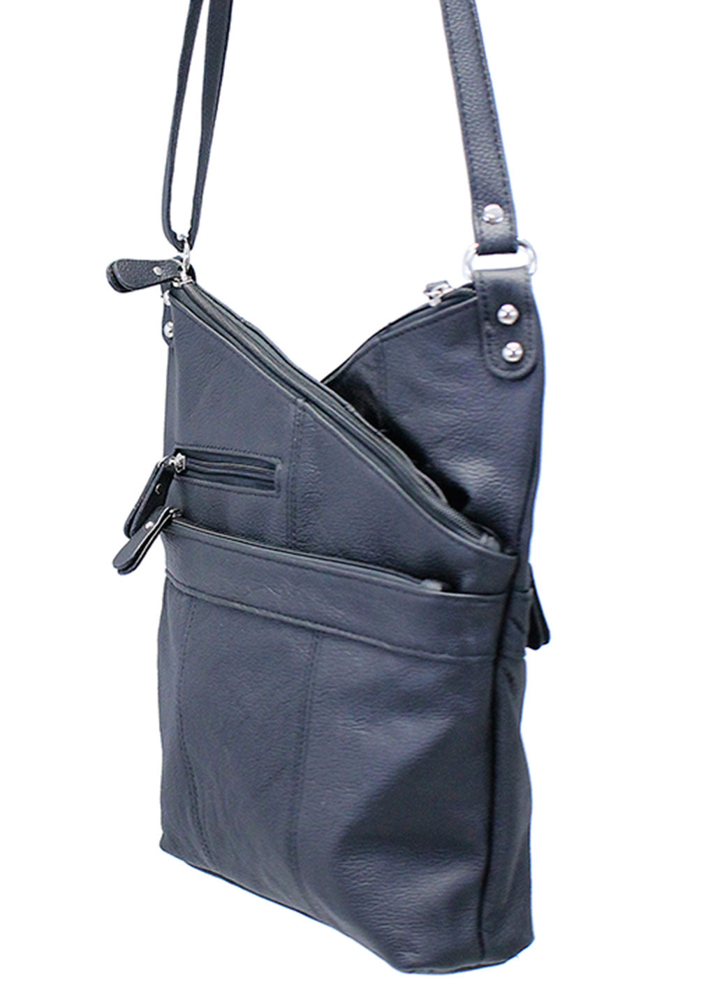 Slanted Top Large Leather Cross Body Black Purse #P0010K