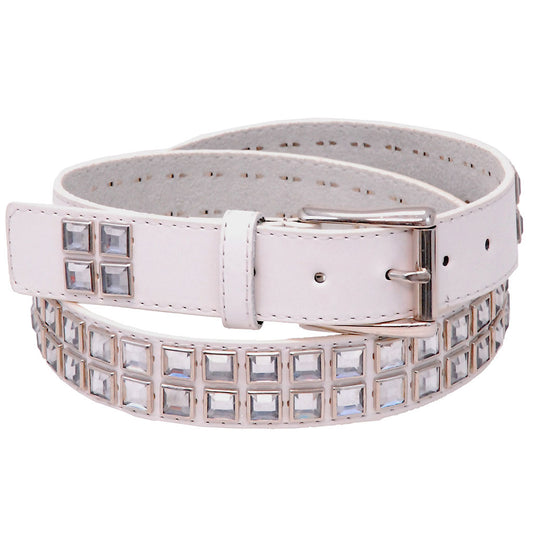 White Leather Rhinestone studded Belt #BT8001WCRY