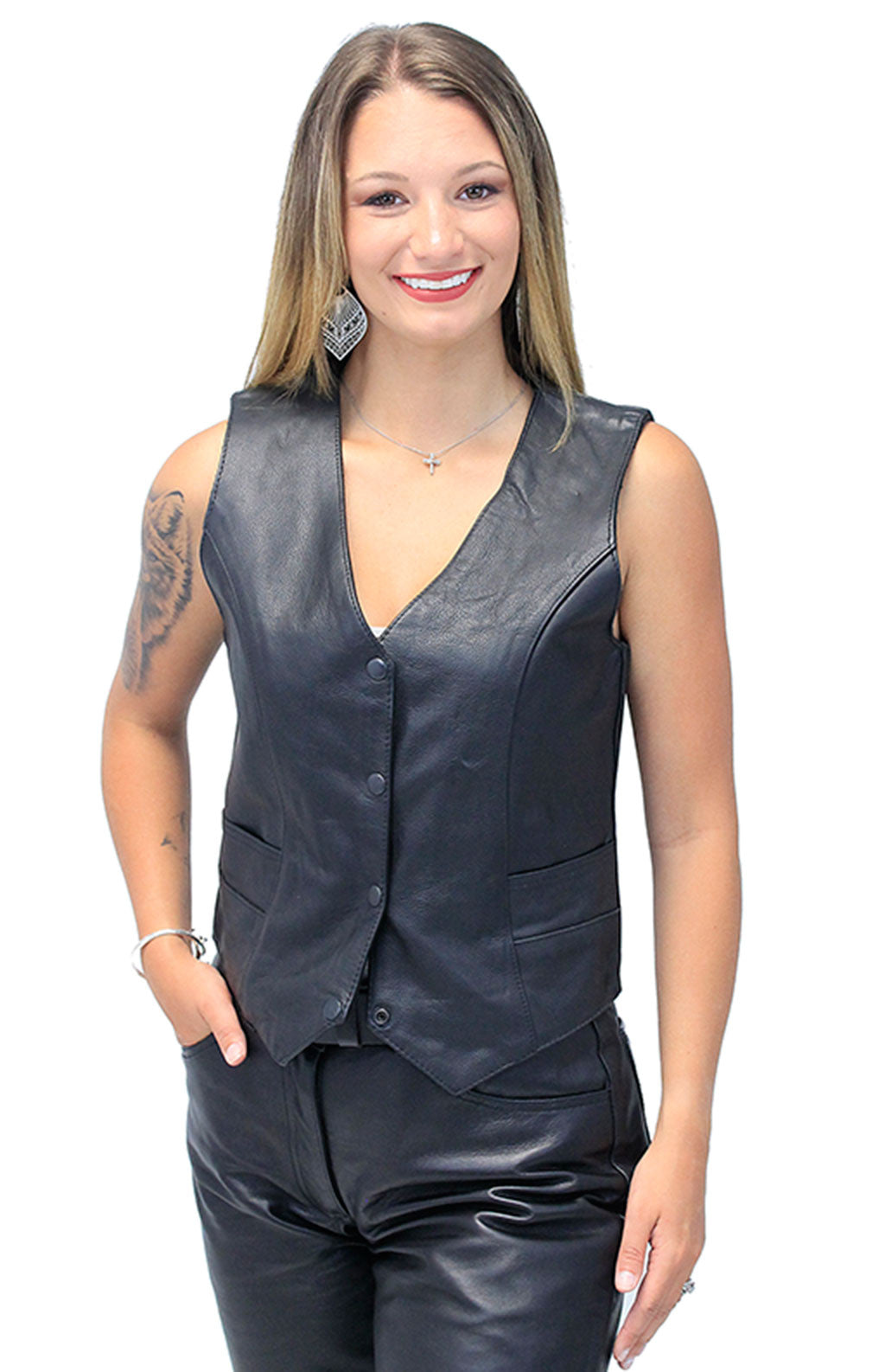 Women's Black Leather Vest with Concealed Pockets #VL2658GK (S-7X)