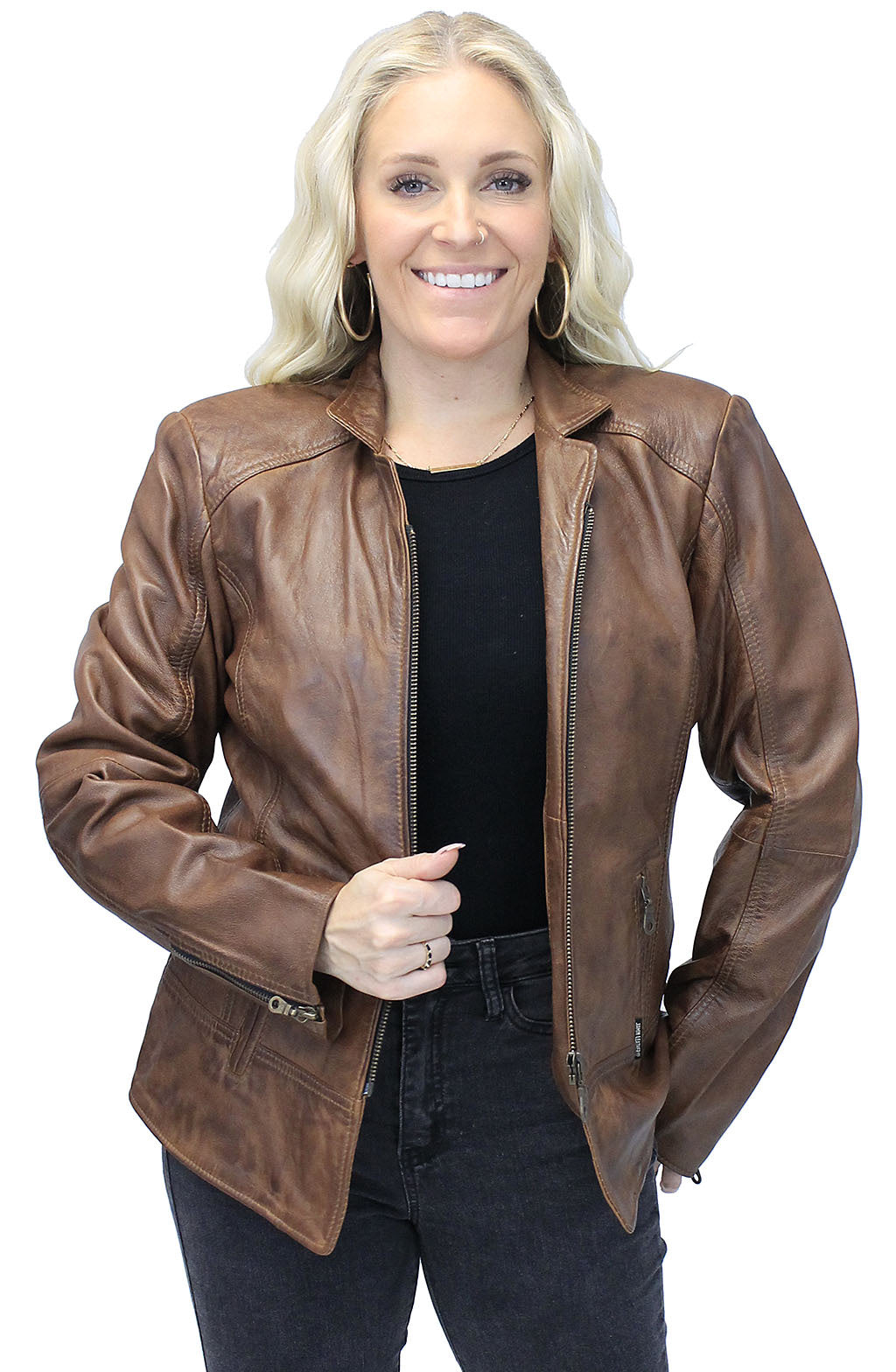 Brown Jane Leather Jacket w/CC Pockets #LA89611GN