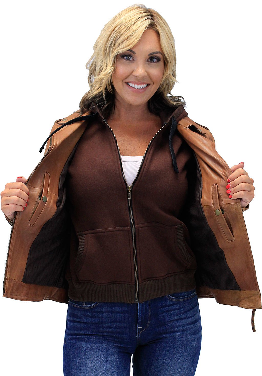 Women's Light Brown Hoodie Motorcycle Jacket #L68411HN