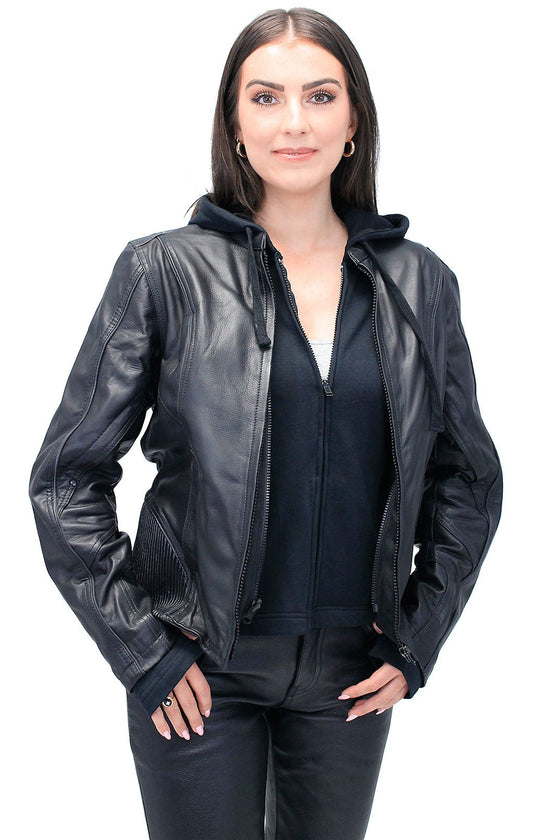 Women's Black Vented Leather Jacket w/Hoodie #L6953HVZRK