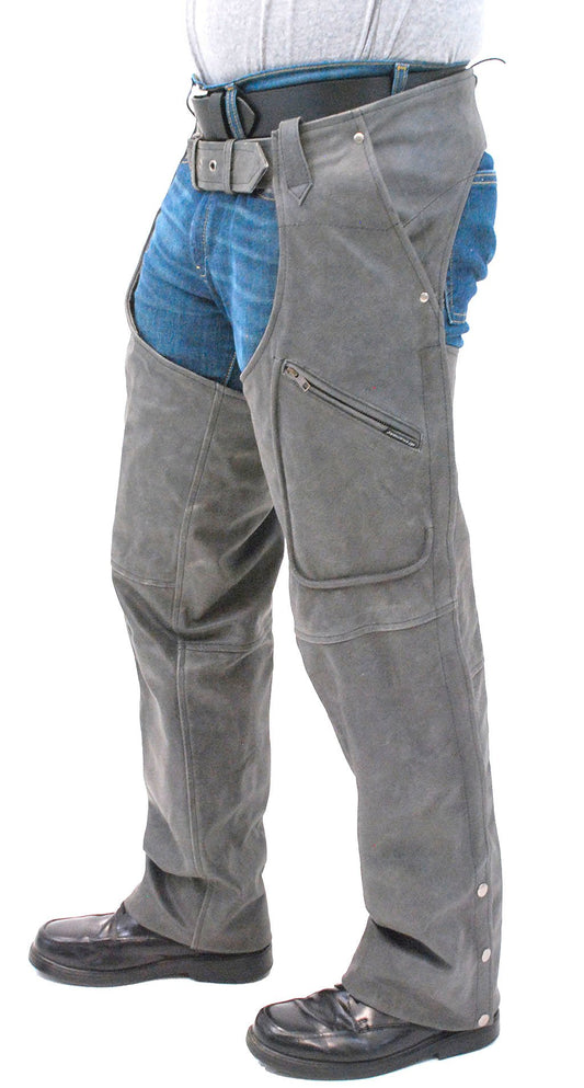 Cobblestone Gray Leather Motorcycle Chaps w/Pockets #C706GY (S-3X)