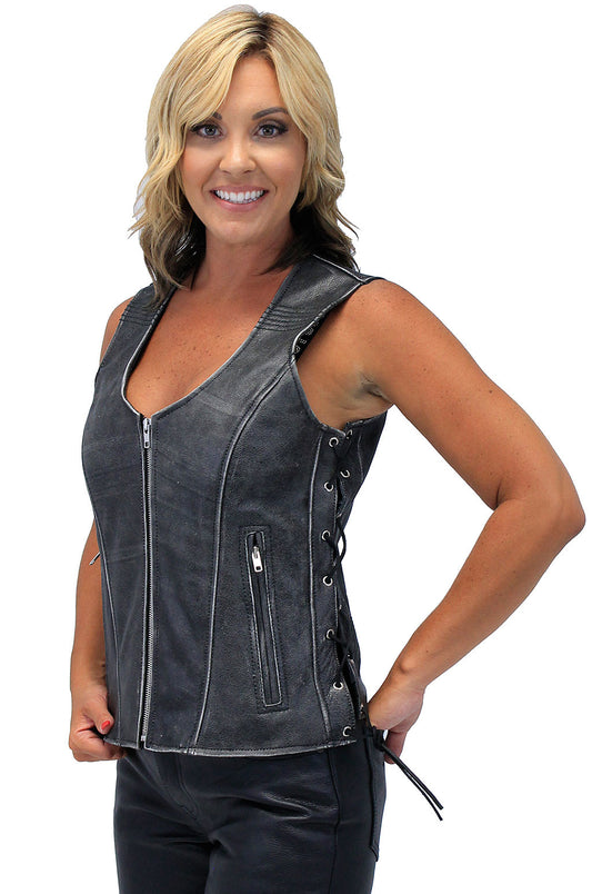 Vintage Gray Women's Dual Concealed Pocket  Side Lace Zip Vest #VLA801GLG