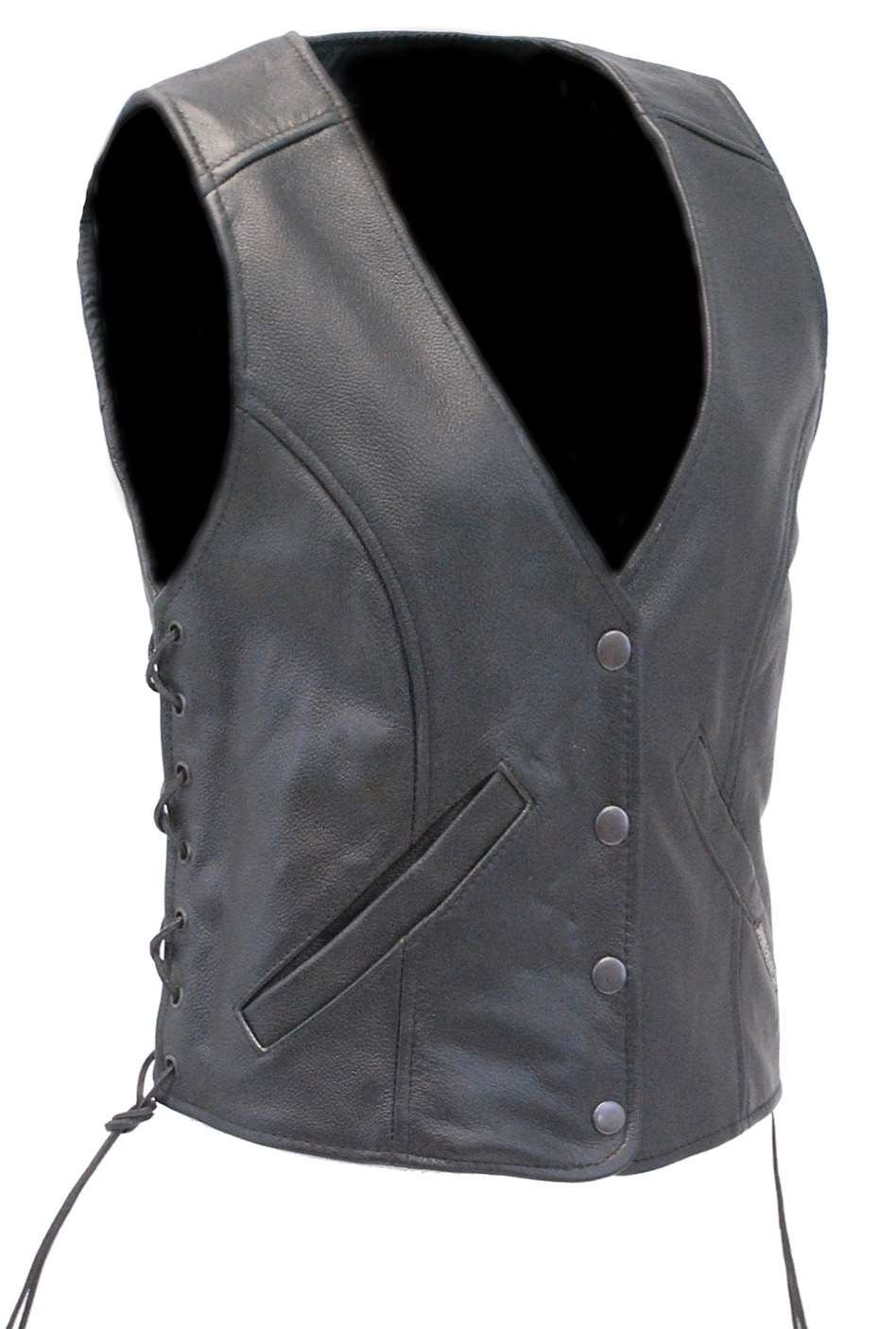 Women's Premium Low V-NeckSide Lace Leather Vest #VL16010GK (XL-3X)