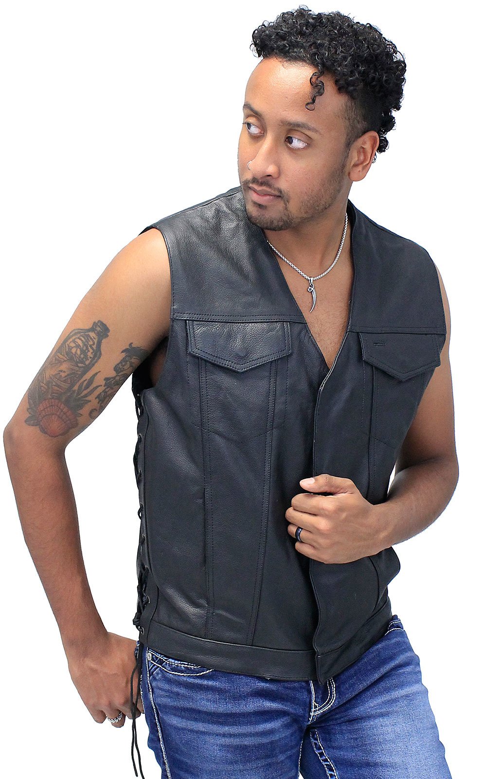 (d) Men's Side Lace V-Neck Vest w/Easy Access Pocket #VM2645GZLK