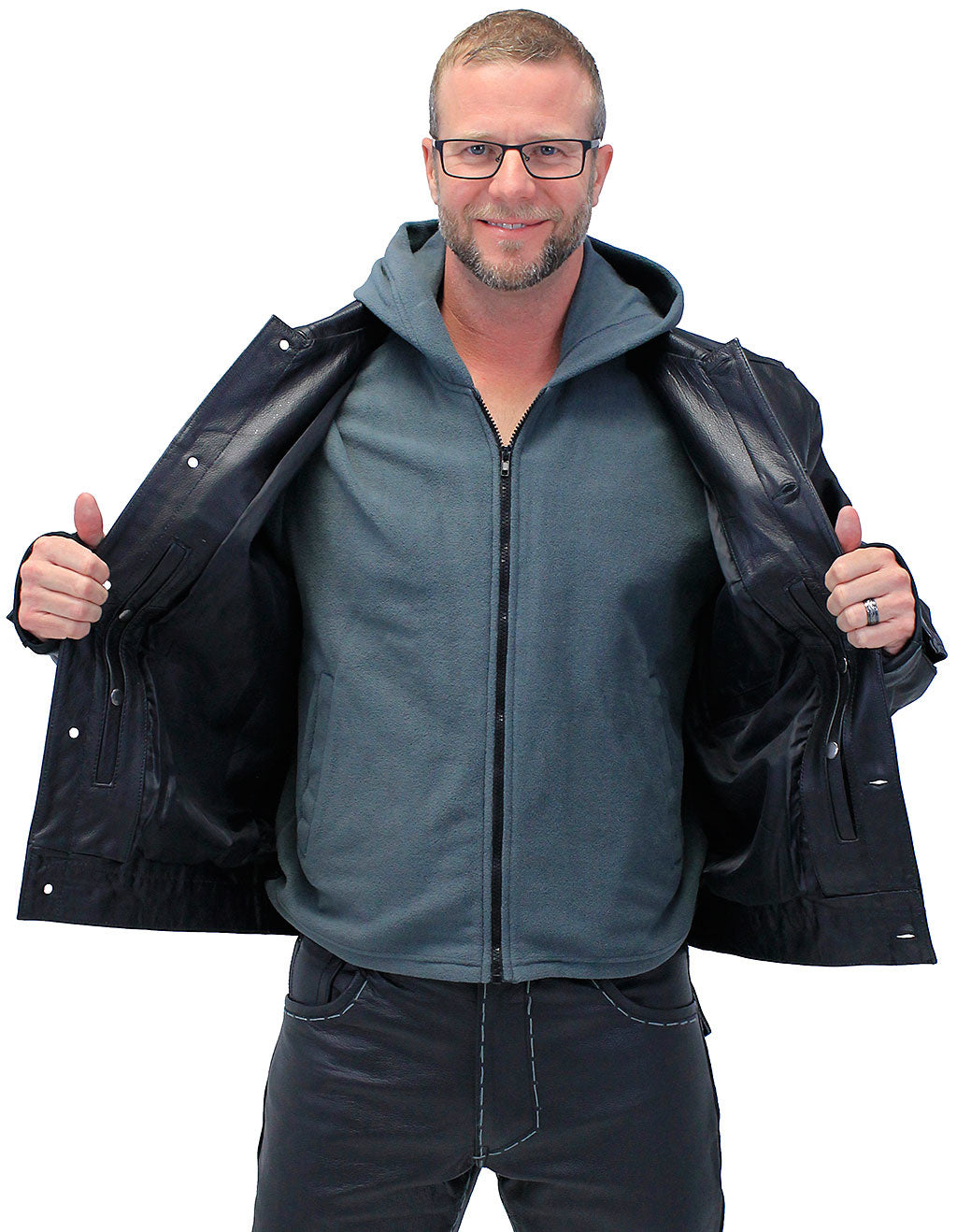 Men's Hoodie Leather Jean Jacket w/Concealed  Pockets & Hoodie #M1412HK