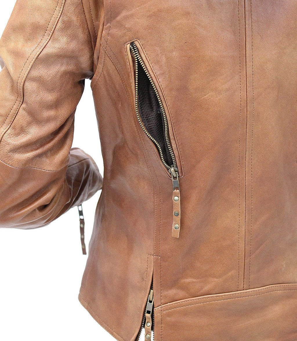 Women's Light Brown Hoodie Motorcycle Jacket #L68411HN