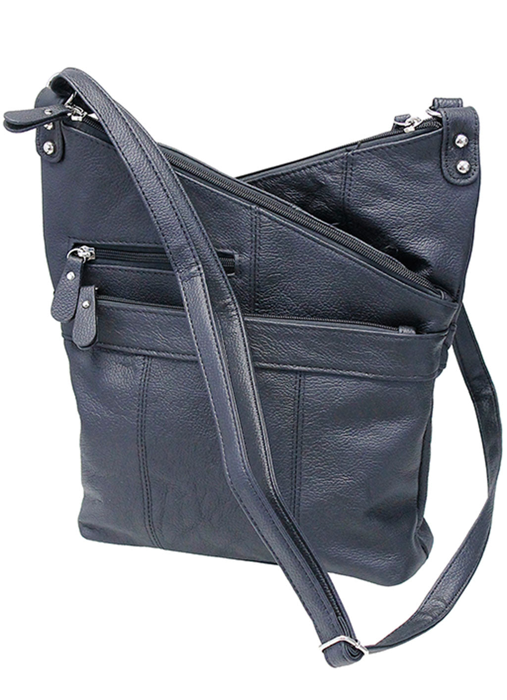 Slanted Top Large Leather Cross Body Black Purse #P0010K