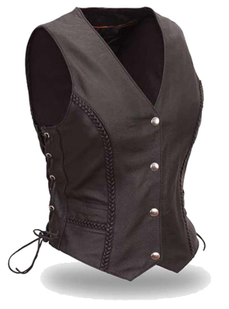 Men V-Neck Laced Black Leather Vest With Hooks And Buckle - 2024 White And Black Braided Sides - Biker, Motorcyclist Leather Vest