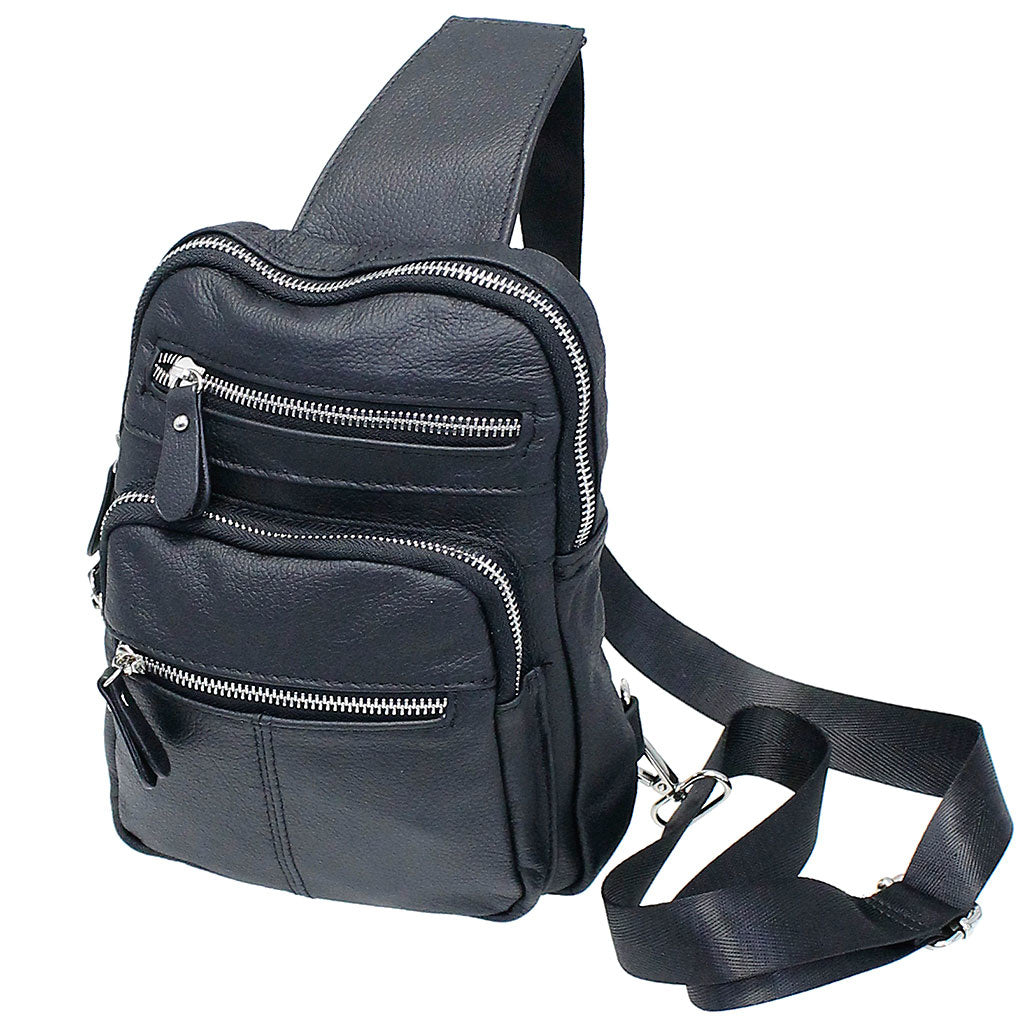 Black Leather Cross Body Sling Bag Pack #BP0040K