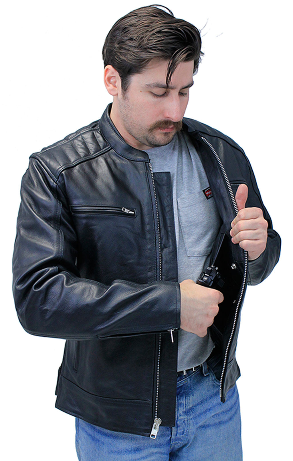 Men's Ribbed Shoulder Leather Motorcycle Jacket #M5760GQZK