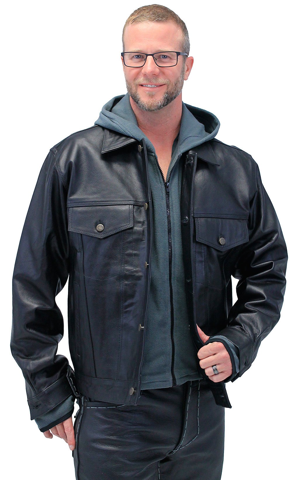 Men s Hoodie Leather Jean Jacket w Concealed Pockets Hoodie M1412HK Jamin Leather