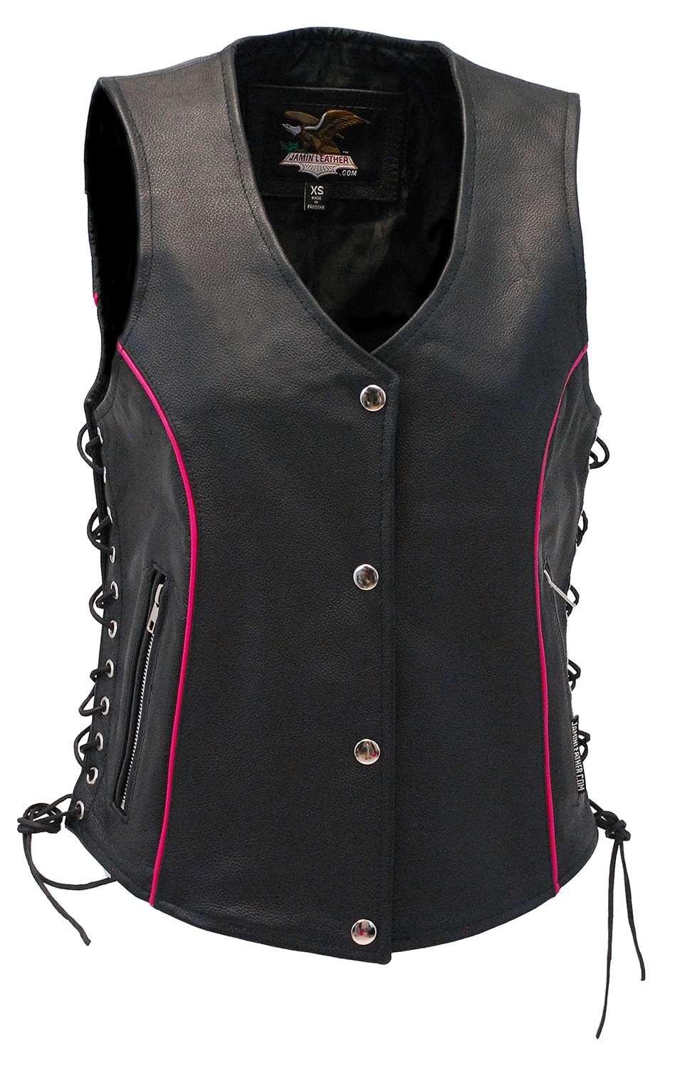 Women's Hot Pink Piping Side Lace Leather Concealed Pocket Vest #VL68502GHP (XS-3X)