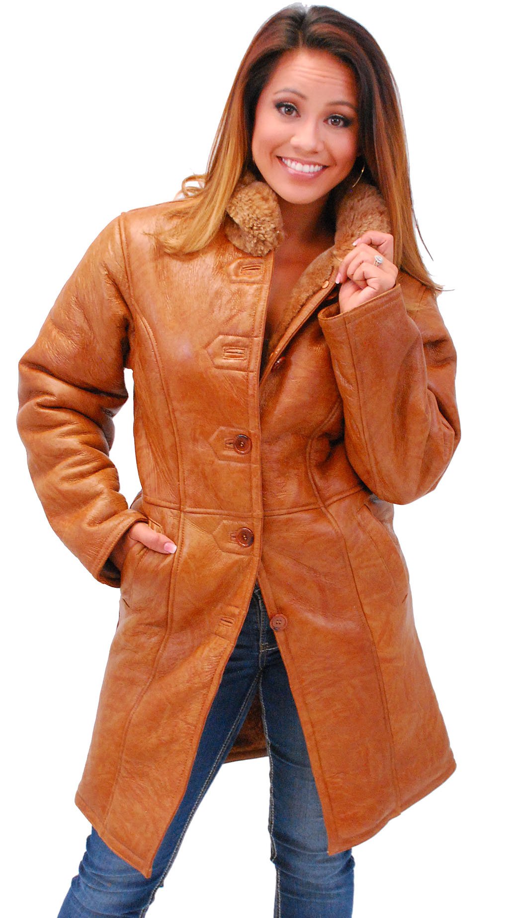 Women's Tan Genuine Sheepskin Fur Lined Trench Coat #L1319HN (S-XL)