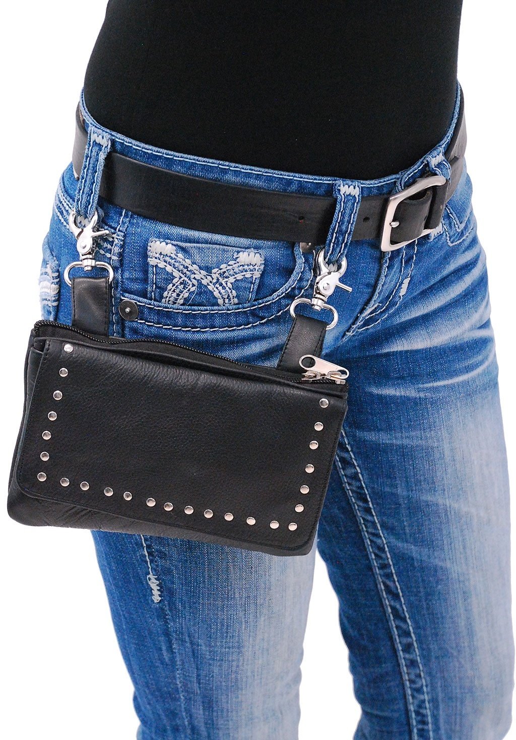 Stud Trim Black Leather Hip Klip Bag With Removable Strap#PKK2151RK