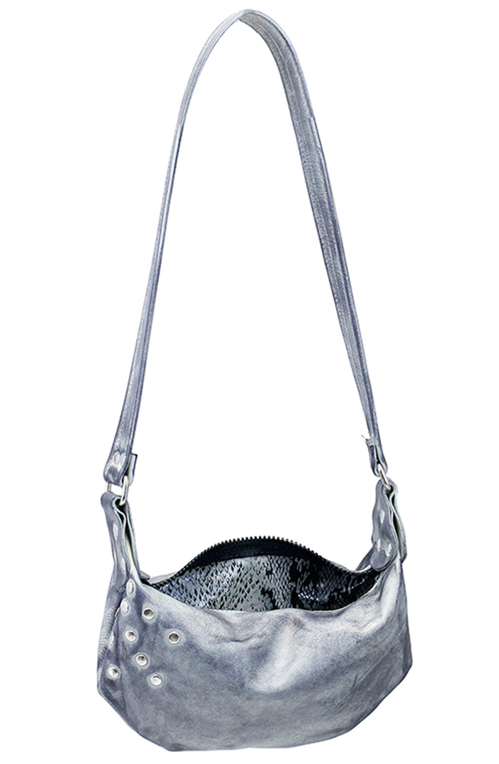 Hand Antiqued Small Gray Leather Studded Banana Purse #PA2303RGY