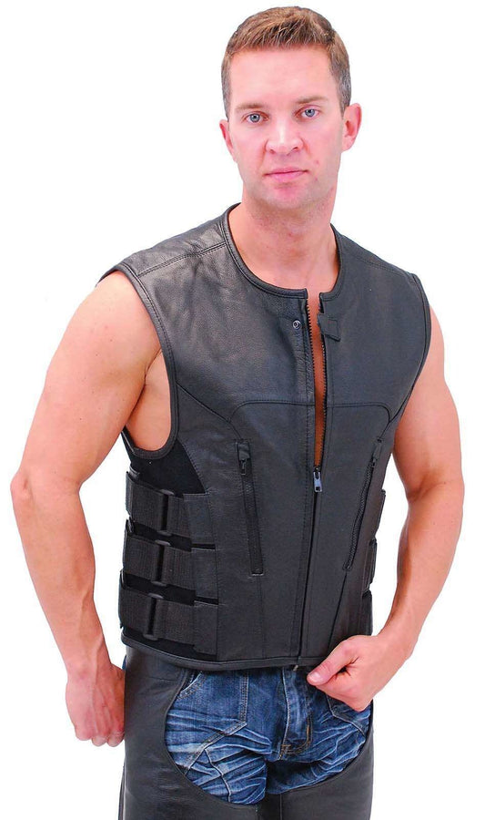 Triple Side Strap Leather Club Vest w/No Collar & Full Back #VM645CSL