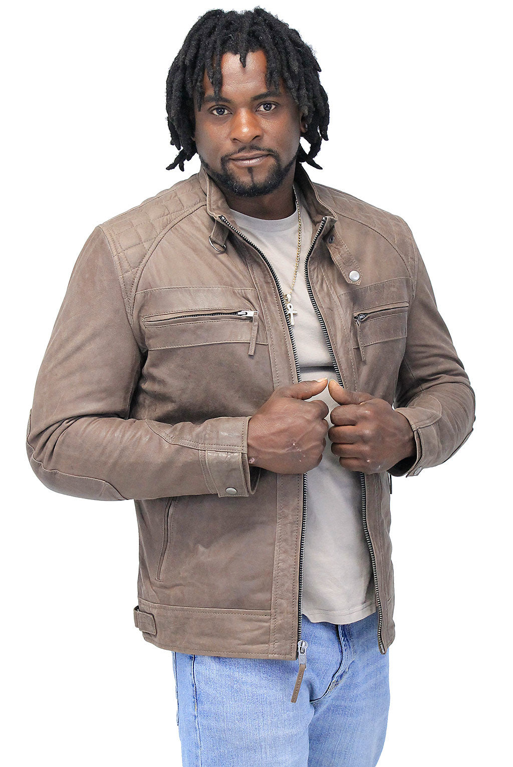 Men's Brown Lambskin Leather Jacket with Quilting #MA5501QN