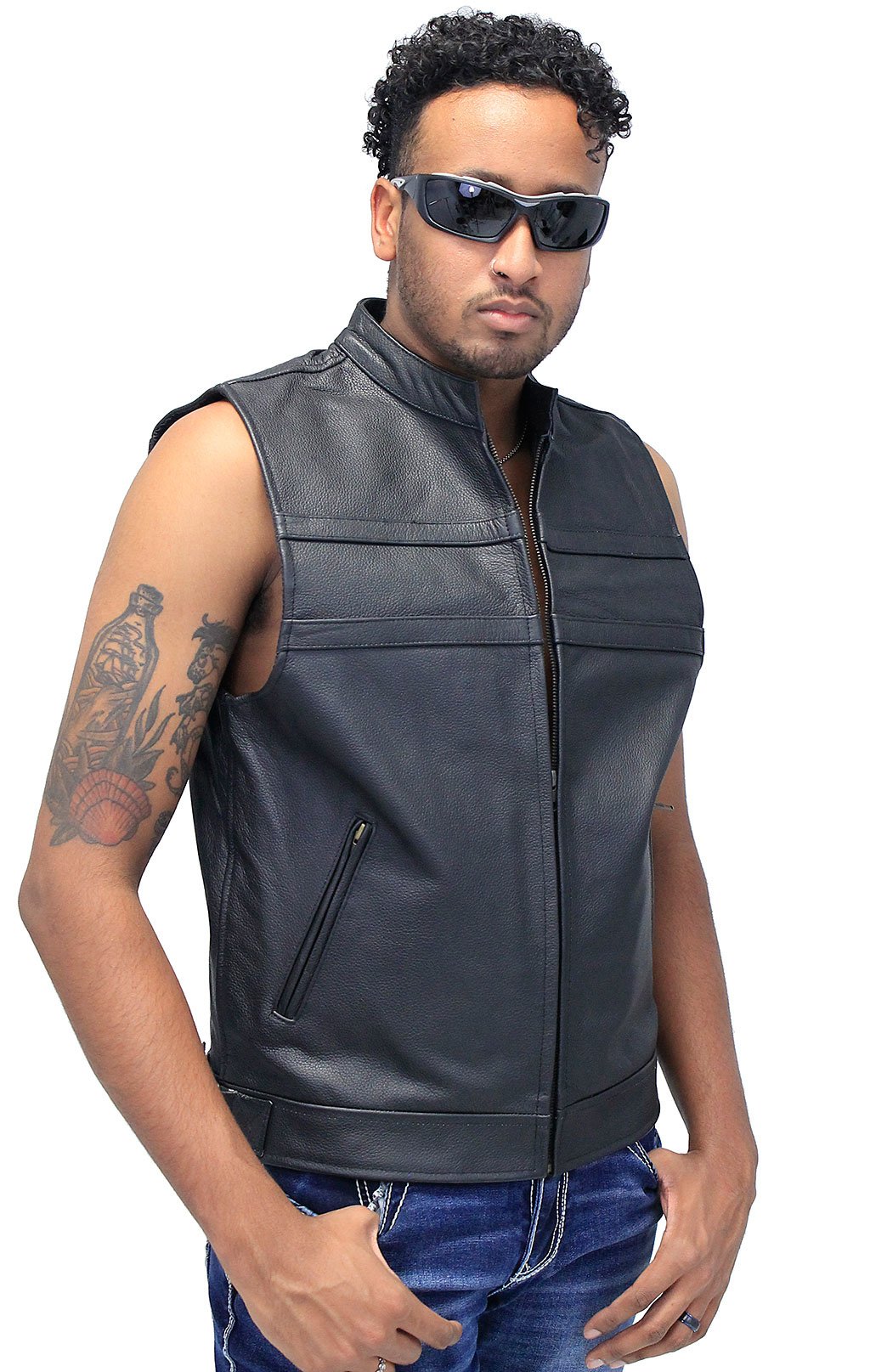 Striped Zip Front Men's Leather Vest #VM1366Z (XL-3X)