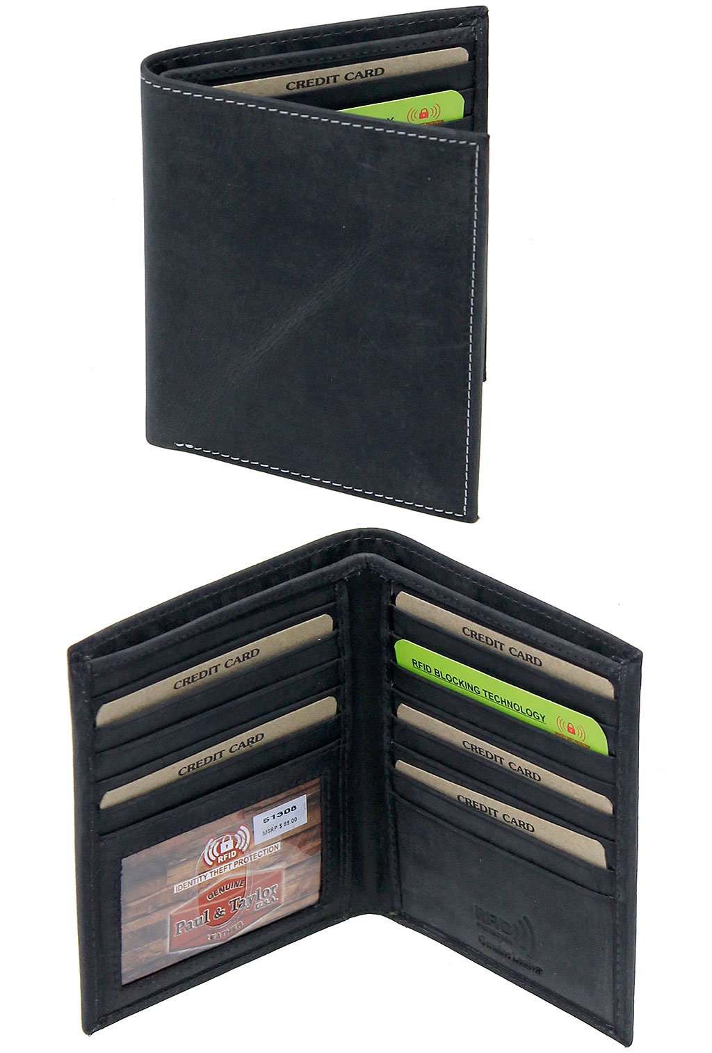 Tall Vintage Black Bifold RFID Wallet w/19 Compartments #WM13080KID