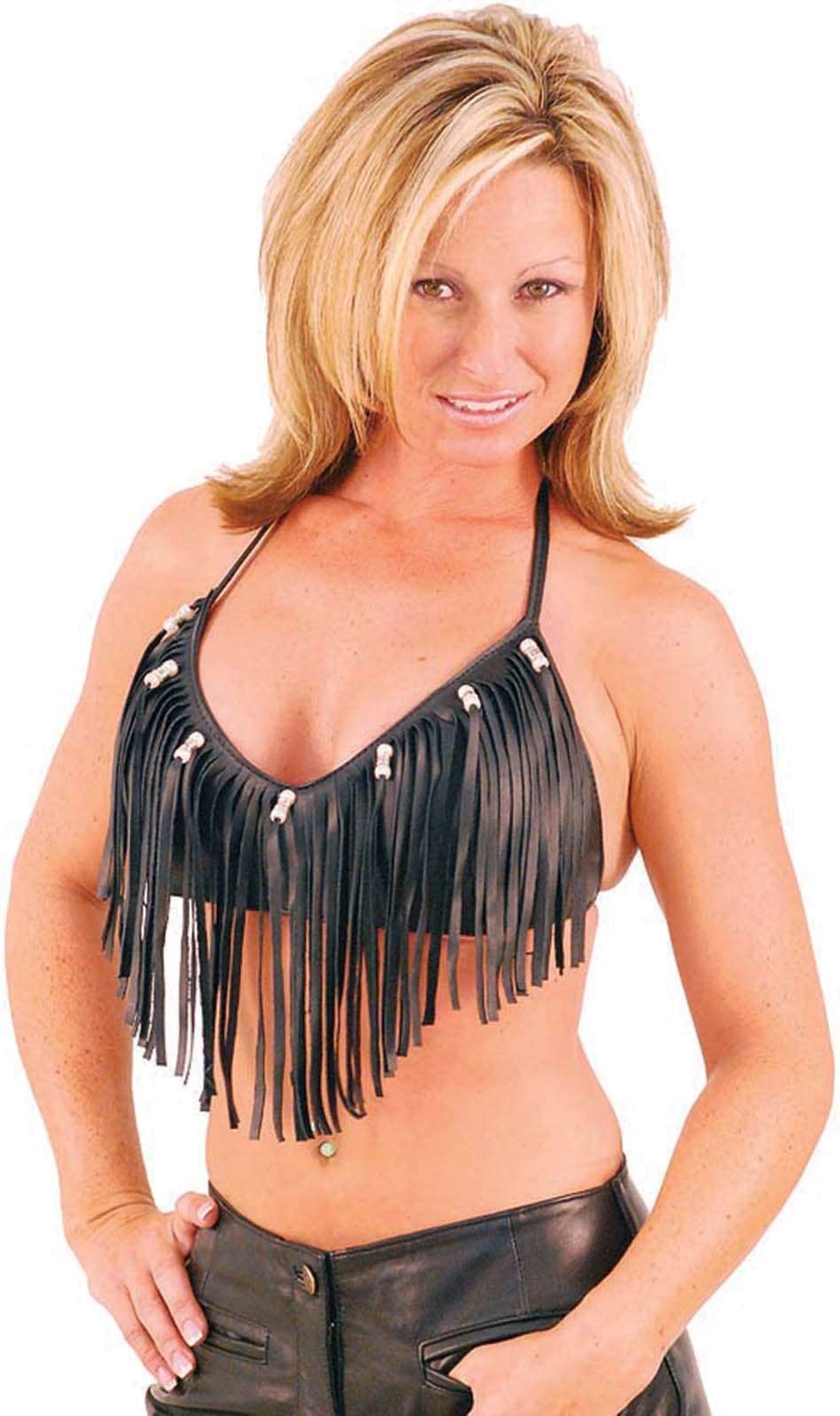 (d) Fringe & Bead Leather Halter #LH9073FBK