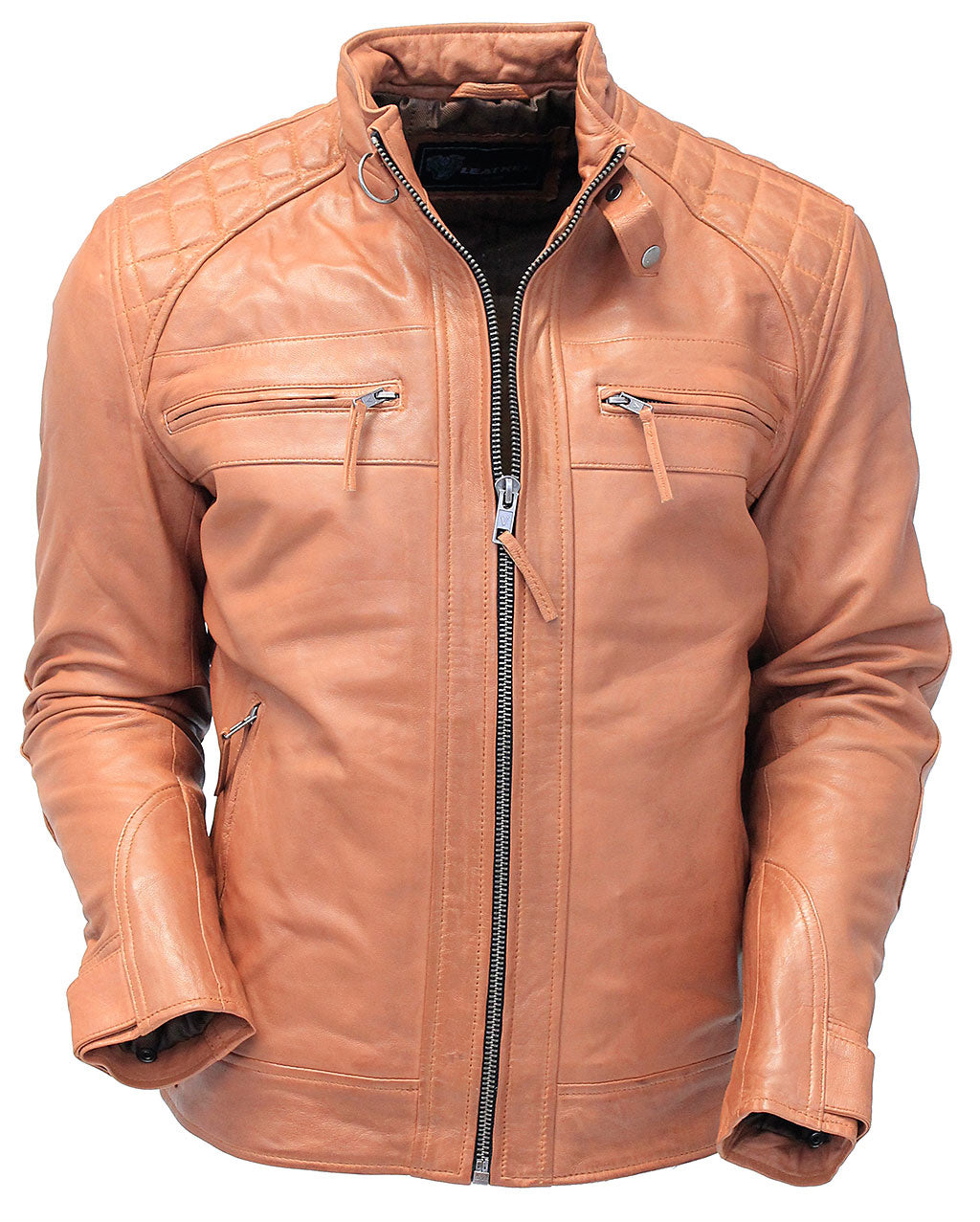 Men's Cognac Lambskin Leather Jacket with Quilting #MA5502QT