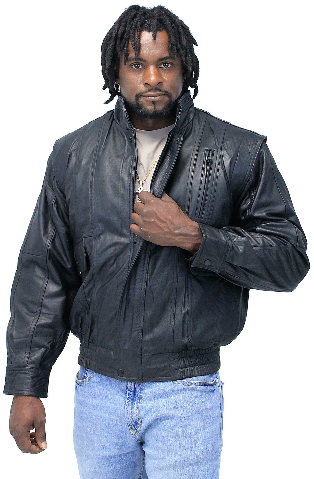 Black Leather Bomber Jacket w/Mandarin Collar #M511ZK (XS-M)