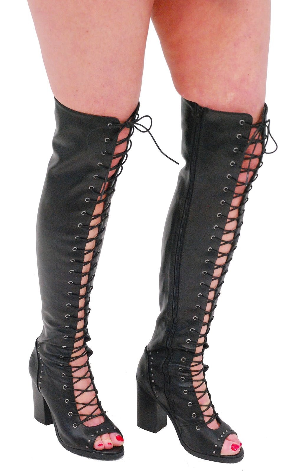 Milwaukee Lace Up Thigh High Open Toe Studded Boots #BLC9421THI