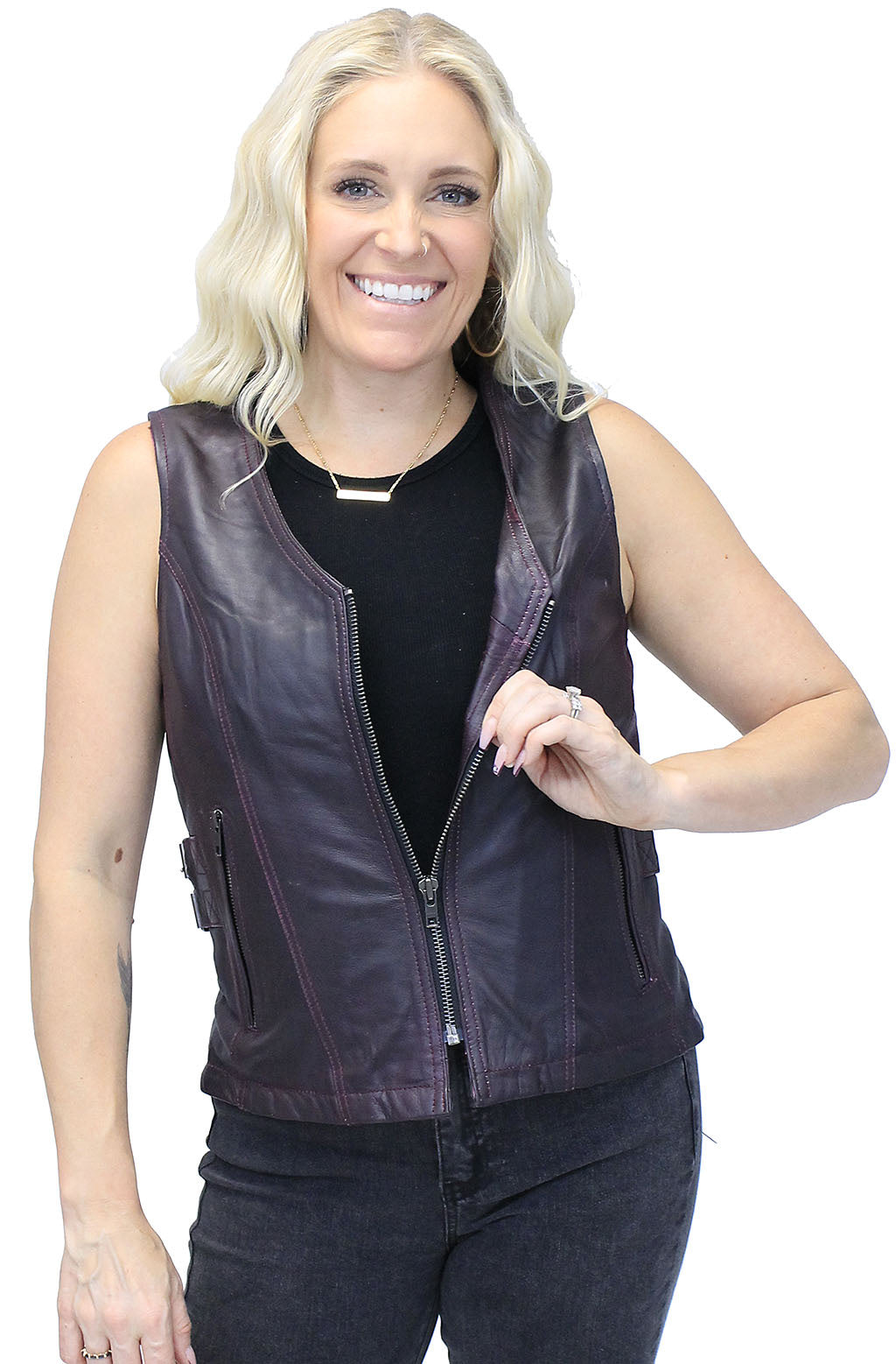 Purple Side Buckle Leather Vest w/CC Pockets and Zipper #VL689317ZP